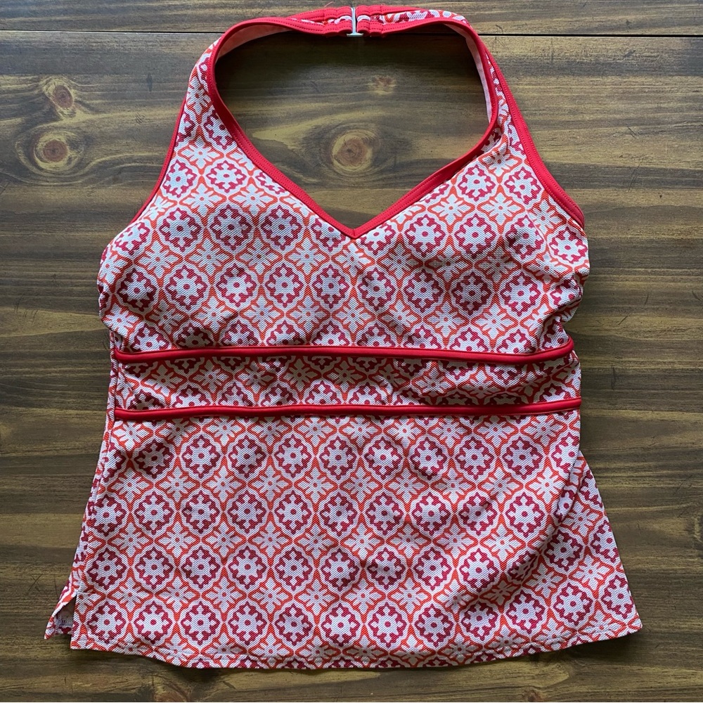 Lands End Tankini Swimsuit Top Size 12 Women’s Pink Geometric Print Modest Top